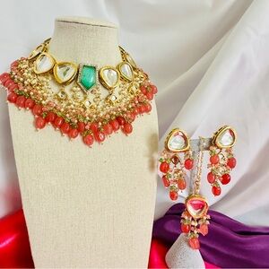 Gold-Plated Choker Necklace Set with Coral Beads & Green Accent